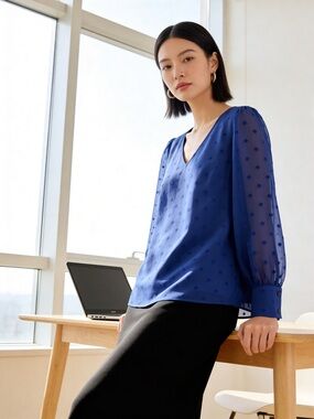 J.Crew *NWT* Royal Blue Swiss Dot Sheer Sleeves V-neck Flowy Blouse Shirt